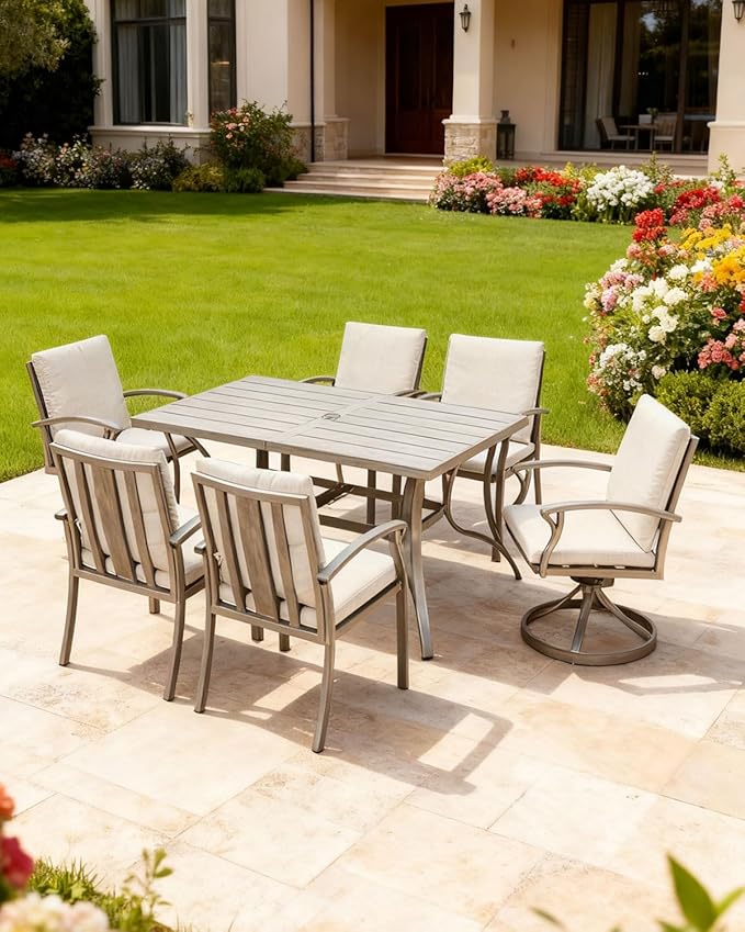 7-Piece Outdoor Dining Set, Aluminum Patio Dining Set with Umbrella Hole, Patio Table Furniture Sets with Cushions, 4 Dining Chairs, and 2 Swivel Chairs for Deck, Garden, Backyard, Limed Oak