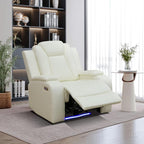 Power Recliner with LED, Creamy White Leather Reclining Chair for Living Room, Recliner Chair with Storage Armrest/USB Ports for Living Room/Bedroom/Office