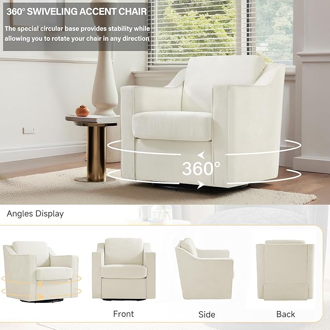 UIXE Swivel Accent Chair Set of 2, Chenille Upholstered Arm Chair for Living Room, Modern Club Armchair Comfy Single Sofa Bedroom Reading Seat with Lumbar Pillow - Cream Beige