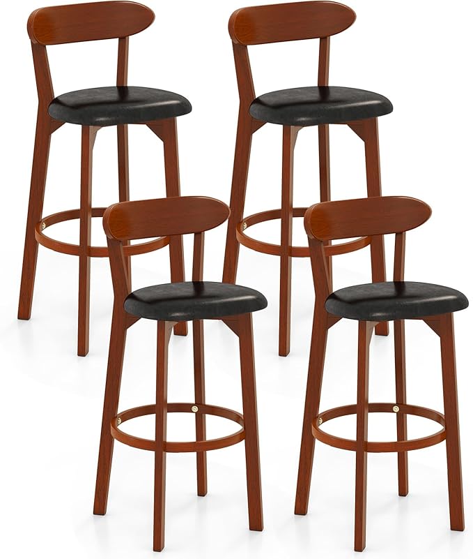 COSTWAY Bar Stool Set of 4, 30.5'' Bar Height Barstools w/Curved Backrest, Faux Leather Cushion & Rubber Wood Frame, Mid Century Modern Island Chairs for Kitchen Bar Cafe, Walnut