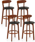 COSTWAY Bar Stool Set of 4, 30.5'' Bar Height Barstools w/Curved Backrest, Faux Leather Cushion & Rubber Wood Frame, Mid Century Modern Island Chairs for Kitchen Bar Cafe, Walnut
