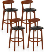 COSTWAY Bar Stool Set of 4, 30.5'' Bar Height Barstools w/Curved Backrest, Faux Leather Cushion & Rubber Wood Frame, Mid Century Modern Island Chairs for Kitchen Bar Cafe, Walnut
