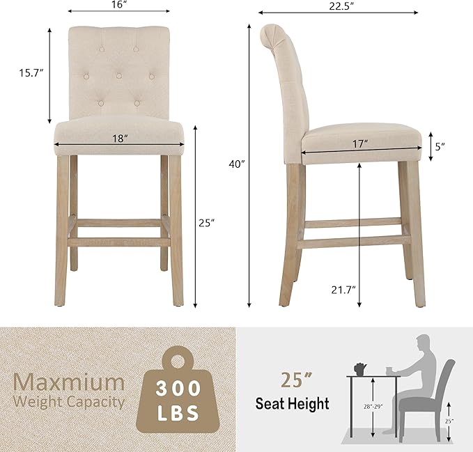 GOTMINSI 24" Bar Stools Set of 2 for Kitchen Island Upholstered Counter Height Bar Stools with Button Tufted Decoration Barstools Home Kitchen Island Wooden Bar Chairs Beige