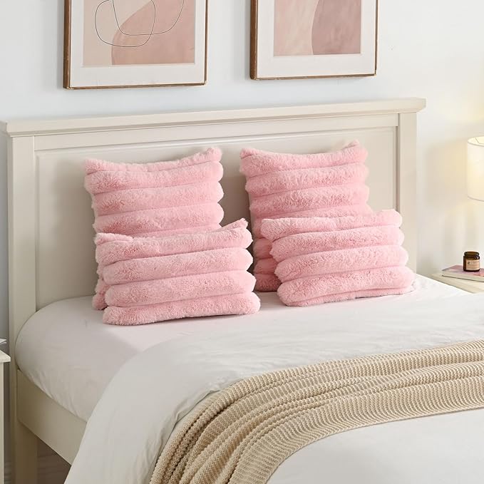 FUTEI Pink Decorative Throw Pillow Covers 26x26 Inch Set of 2, Square Soft Faux Rabbit Fur Thick Striped Euro Pillow Shams,Winter Home Decor for Couch Bed Living Room