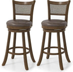 COSTWAY 30” Swivel Bar Height Barstool Set of 2, Rubber Wood Bar Stools with Rattan Backrest, Footrest, Upholstered Leathaire Armless Chairs for Kitchen Island, Pub, Brown(2, 30” Seat Height)