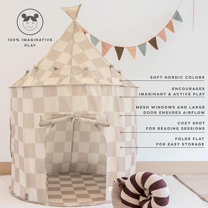 3 Sprouts Kids Play Tent - Sustainable Recycled Fabric – Fun Spacious Childs Playhouse for Indoor Games for Boys & Girls - Durable Fort Pop Up House for Toddlers & Children Age 3-10 - Checkered Beige