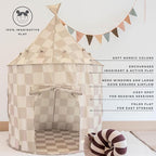 3 Sprouts Kids Play Tent - Sustainable Recycled Fabric – Fun Spacious Childs Playhouse for Indoor Games for Boys & Girls - Durable Fort Pop Up House for Toddlers & Children Age 3-10 - Checkered Beige