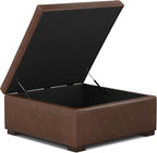 SIMPLIHOME Gabbie 36 inch Wide Contemporary Square Square Coffee Table Storage Ottoman in Distressed Chestnut Brown Vegan Faux Leather, Assembled, for The Living Room, Entryway and Family Room