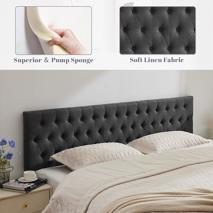 Kingfun Tufted Upholstered Full Size Bed Headboard in Modern Button Design, Adjustable Solid Wood Head Board, Premium Linen Fabric Padded Headboards in Bedroom (Dark Grey)