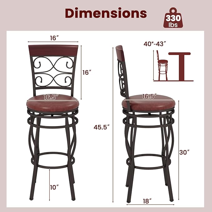 Giantex 30" Swivel Bar Stools Set of 4, Bar Height Bar Stools w/Back, Upholstered PU Leather Seat, Footrest, Max Load 330Lbs, Vintage Metal Barstools for Kitchen Island, Dining Room, Rustic Brown