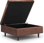 SIMPLIHOME Shay 38 inch Wide Mid Century Modern Large Square Coffee Table Storage Ottoman in Distressed Saddle Brown Vegan Faux Leather, Assembled, For the Living Room, Entryway and Family Room