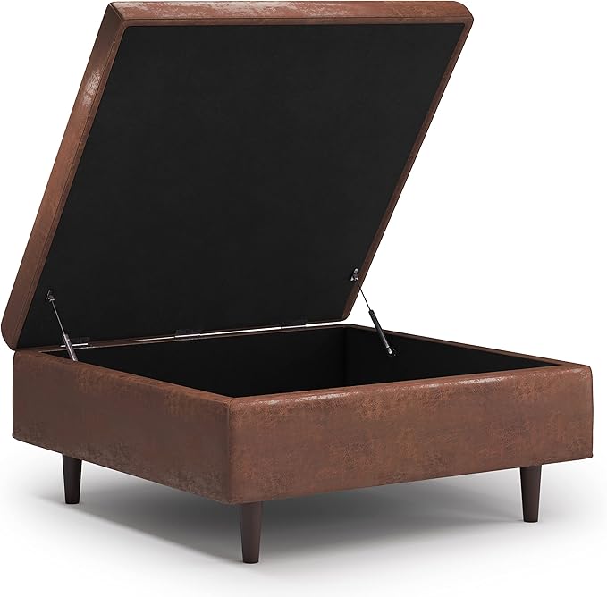 SIMPLIHOME Shay 38 inch Wide Mid Century Modern Large Square Coffee Table Storage Ottoman in Distressed Saddle Brown Vegan Faux Leather, Assembled, For the Living Room, Entryway and Family Room