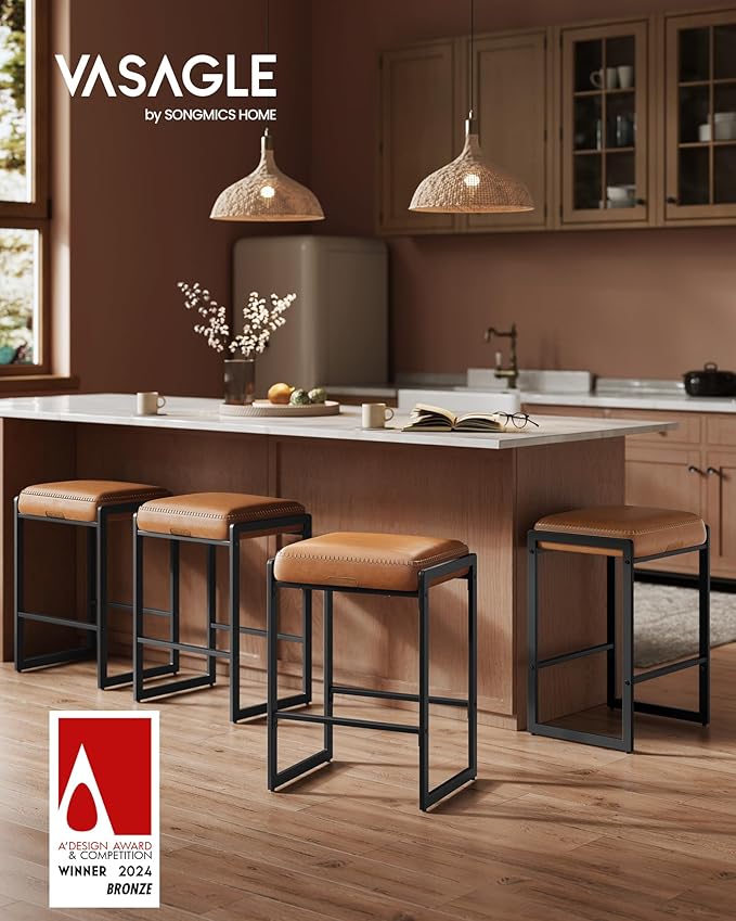 VASAGLE EKHO Collection - Bar Stool, Counter Height Bar Stool, Synthetic Leather with Stitching, Mid-Century Modern Counter Barstool, 26-Inch Tall, Kichen Home Bar Dining Room, Caramel Brown