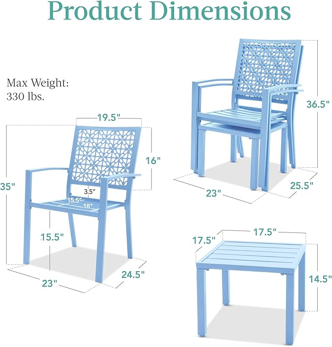 Best Choice Products 3-Piece Outdoor Bistro Set, Stackable Modern Steel Furniture for Porch, Garden w/ 2 Chairs, Table, Geometric Decor - Sky Blue
