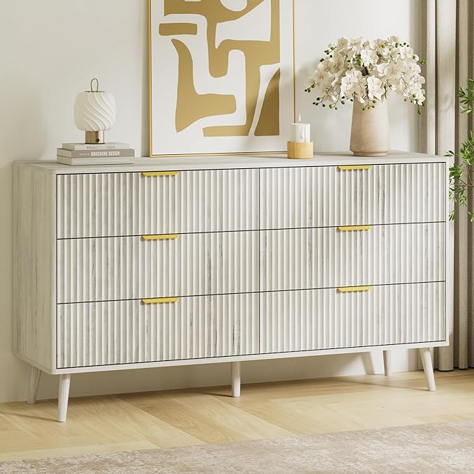 LYNSOM Fluted Dresser and Nightstand Sets 2 Piece, 1-Drawer Nightstands and 6-Drawers Dresser, Wood Bedroom Furniture Set for Home, Bedroom, Hallway, White