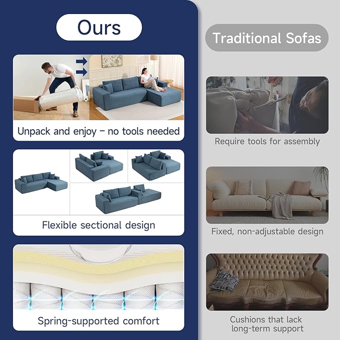 2025 New 108" Cloud Couch Sectional, Modular Sectional Sofa with L-Shaped Chaise, Deep Seat Sectional Modular Couch for Living Room, No Assembly Required (Blue, Right Facing Chaise)