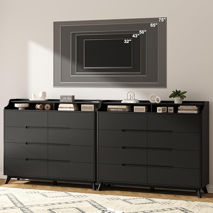 Dresser for Bedroom with 8 Drawers, 55" Large Dresser & Chest of Drawers with Charging Station, Wood Closet Clothes Storage Tall Dressers Organizer for Bedroom Living Room Hallway, Black