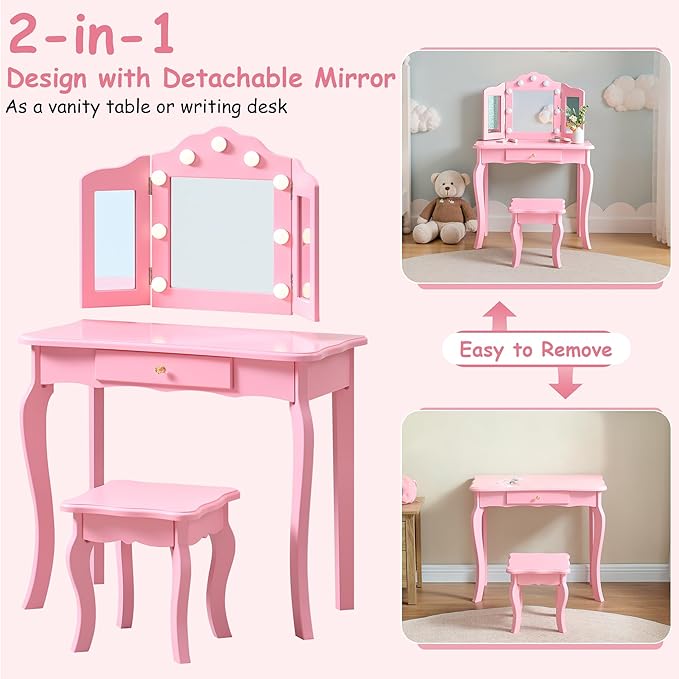 Kids Vanity Set, Kids Vanity Table and Chair Set with Stool and Light, 2 in 1 Wooden Kids Make Up Vanity Desk, Princess Makeup Table with Drawer for Girls
