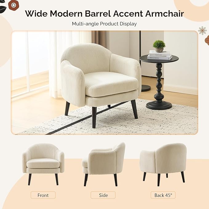 VINGLI 30.3" Wide Modern Barrel Accent Armchair with Track Armrest, Solid Wooden Legs, Comfy Upholstered Club Chair, Round Single Home Sofa for Living Room, Bedroom, Reading Room, Corduroy Beige