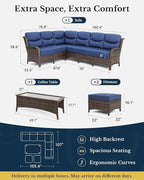 HILLGA Luxury Patio Furniture Set with 6-inch Thick Cushion, Outdoor Sectional Sofa and Coffee Table, 4PCS Wicker Conversation Set for Deck Yard and Poolside, Blue (V2)
