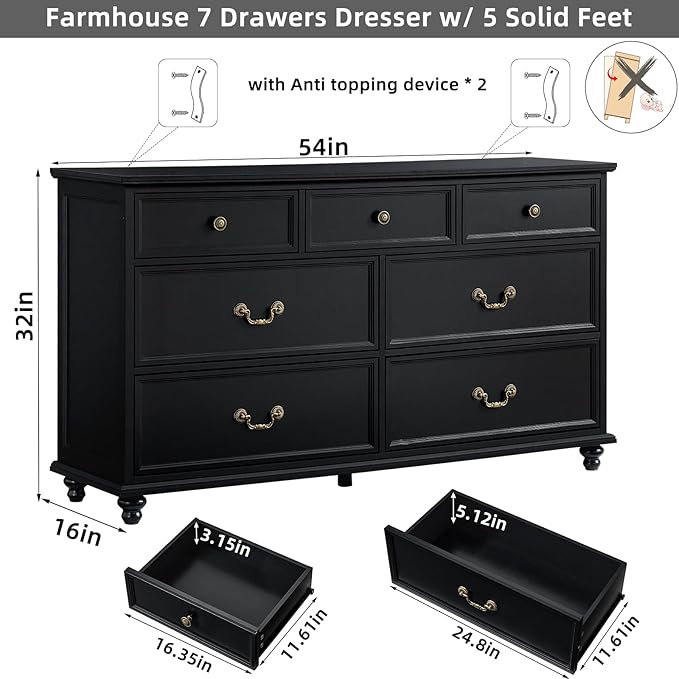 Farmhouse Dresser and Nightstand Sets, Wooden 7 Drawers Dresser & 24" Night Stand with 3 Drawers, 2 Piece Bedroom Furniture Set, Chest of Drawers for Bedroom, Home, Living Room, Hallway