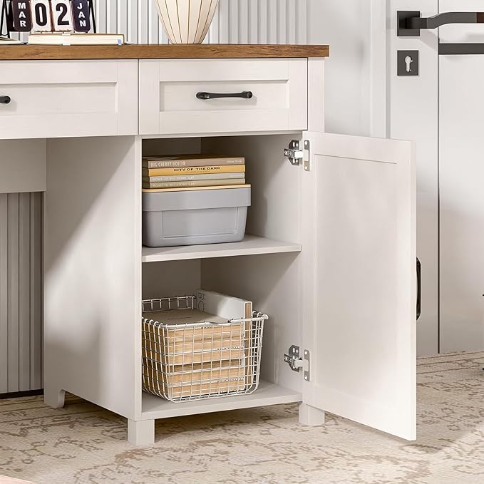 Farmhouse 61'' Executive Desk with 5 Drawers, Rustic Office Desk Computer Table with Charging Station, File Drawers and Storage Cabinet, Wood Workstation for Study and Home Office,(Unique White)