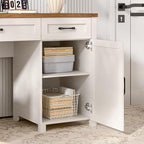 Farmhouse 61'' Executive Desk with 5 Drawers, Rustic Office Desk Computer Table with Charging Station, File Drawers and Storage Cabinet, Wood Workstation for Study and Home Office,(Unique White)