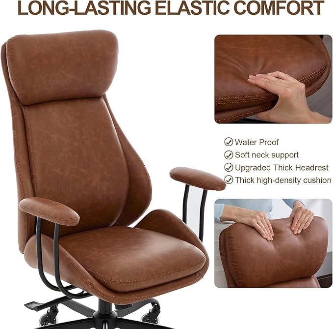 Home Office Desk Chair, PU Casters Ergonomic Computer Chair with Lumbar Support, Adjustable Height, 360°Rolling Swivel Chair, High Back Executive Task, Padded Armrests Chair, Brown Leather
