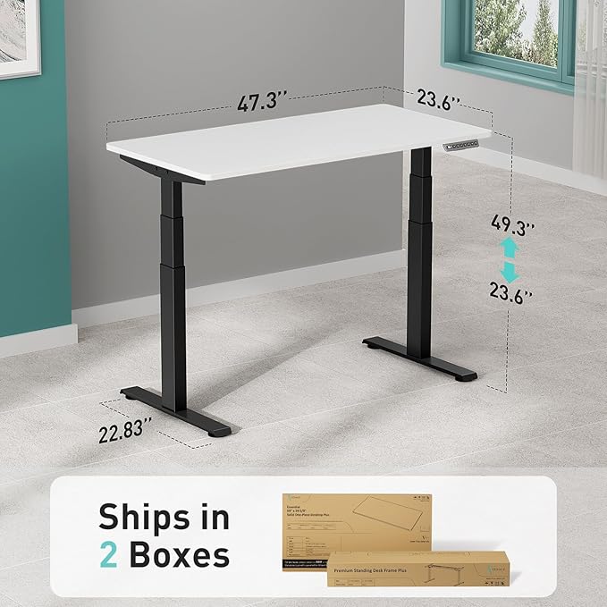 3 Stages Dual Motor Electric Standing Desk with One Piece Desktop, 48 x 24 Inch Adjustable Height Sit to Stand Up Desk for Home Office, Work & Study, Black Frame & White Desktop (2 Packages)