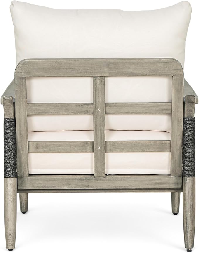 Christopher Knight Home Havets Patio Acacia Wood Club Chair with Woven Rope, Comfortable Outdoor Armchair, Water-Repellent Thick Cushion Deep Seating for Porch, Garden, Backyard, Balcony, Gray+Beige