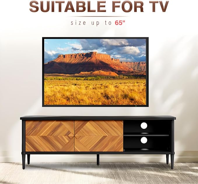 Lenia 65 Inch Solid Acacia Wood TV Stand, Modern Farmhouse Rustic Mid Century TV Media Console for Living Room, Entertainment Center with Storage & Cabinets, Brown Teak Finish
