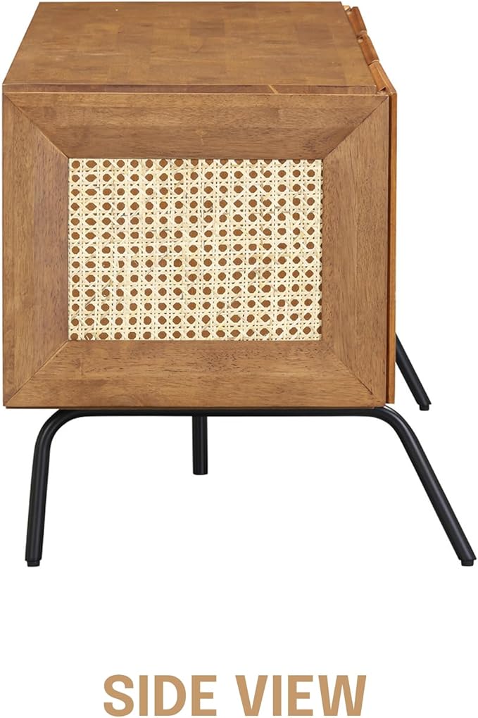 NTC Mossic TV Media Cabinet with 3 Doors for TVs, Entertainment Center with Natural Rattan, Metal Legs, Modern Storage Console for Living Room and Bedroom, Effortless Assembly, Teak Look