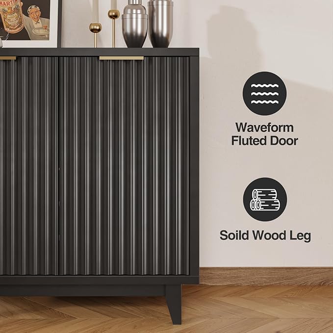 Fluted Coffee Bar Cabinet with Storage, Modern Sideboard Buffet Cabinet with Removable Wine Rack, Drawer, Adjustable Shelf, Black Liquor Cabinets for Living Room, Dining Room, Kitchen, Entryway