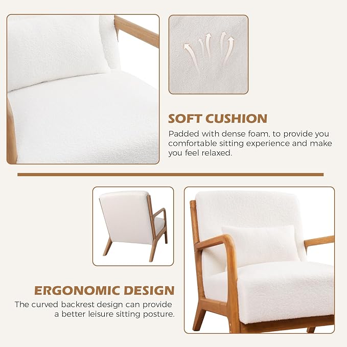 Accent Chair Mid Century Modern Chair Sherpa Fabric Living Room Chairs with Solid Wood Frame Comfy Upholstered and Lumbar Pillow Reading Side Chair Easy Assembly for Bedroom (1, White)
