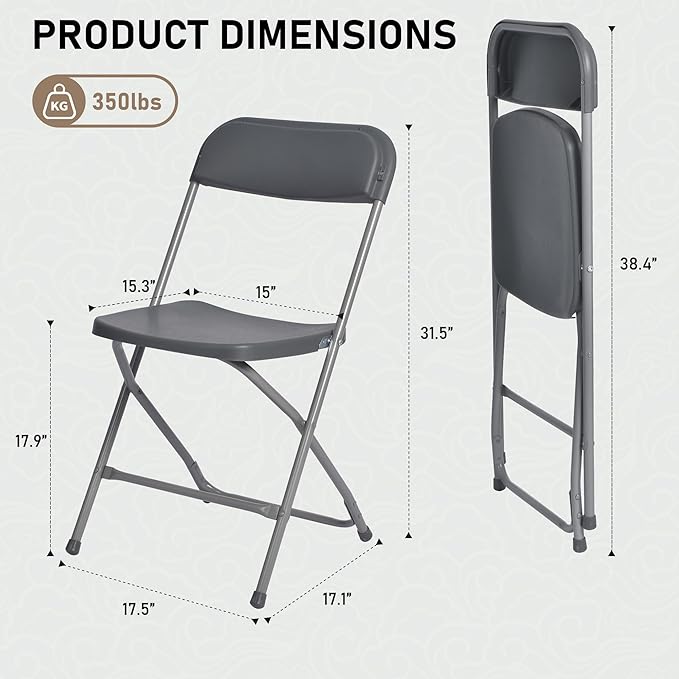 SEALAMB 6 Pack Gray Plastic Folding Chairs for Indoor Outdoor, Portable Commercial Seat with Steel Frame for Home Office Wedding Party Events, 350lb Capacity (Gray-Plastic, 6 Pack)