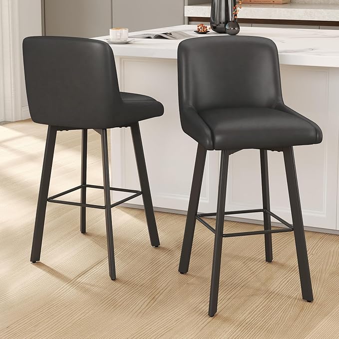 Swivel Bar Stools, 30''H Upholstered Barstools with Backs, Modern Counter Height Bar Stool Chairs for Kitchen Island, Metal Legs (Black- Faux Leather, Set of 2-30" H)