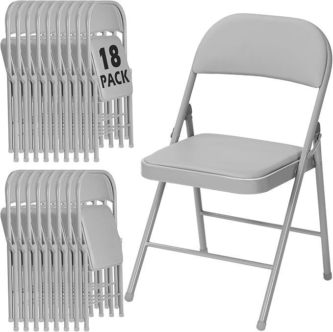 18 Pack Gray Folding Chairs with Padded Cushion for Outside, Portable Stackable Commercial Metal Foldable Chairs with Steel Frame for Home Events Office Wedding Party, 350lbs Capacity
