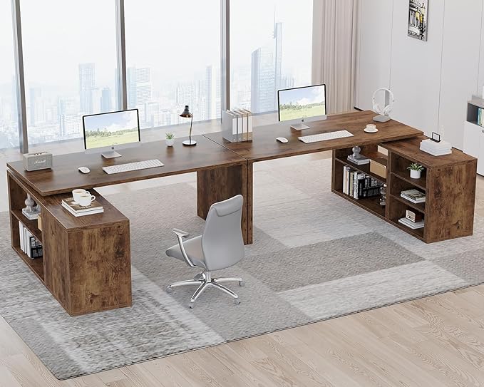 HSH Rustic L Desk with Storage Shelves, L Shaped Computer Desk with Open Storage Cabinet, Vintage Reversible Corner Home Office Desk for Living Room, Office, Rustic Brown 55 in