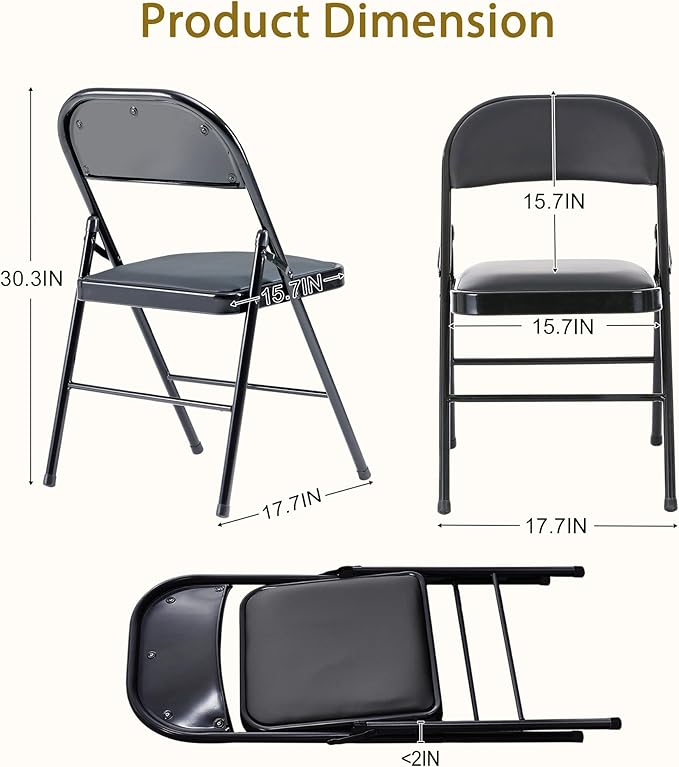 Black Folding Chairs 50 Pack with Padded Cushion and Back, Foldable Outdoor Chairs with 330-LBS Capacity, Portable Heavy Duty Metal Frame Commercial Seat for Party Kitchen Dinning Events Wedding