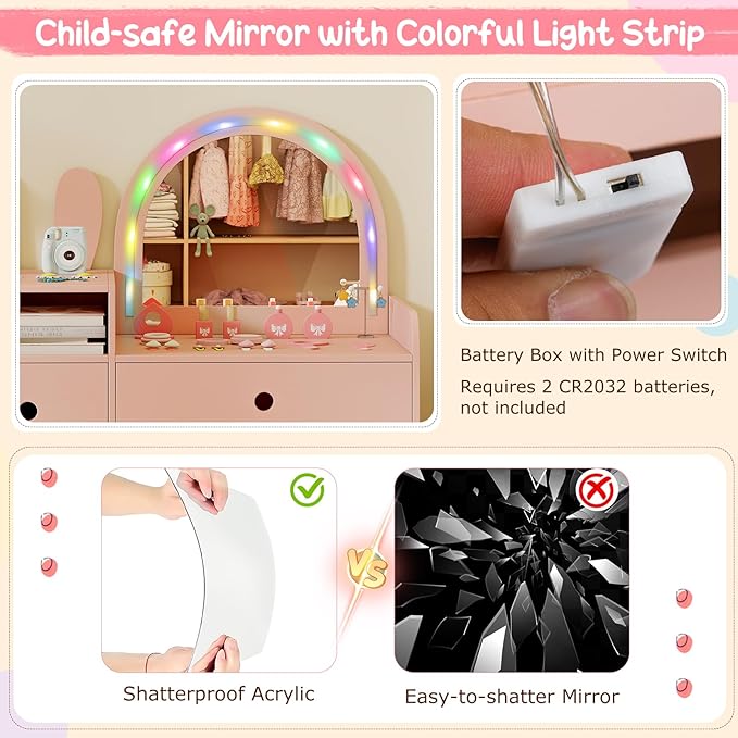 Costzon Kids Vanity, Girls Vanity Set with Mirror and Stool and Lights, Drawers & Storage Compartments, Toddler Makeup Vanity Desk Dressing Table, Wooden Kids Vanity Table and Chair Set (Pink)