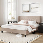 Novilla King Bed Frame, King Bed Frame with Headboard, Linen Upholstered Pull-Point Wing Side Headboard, No Box Spring Needed, Heavy Duty Feet, Easy Assembly, Beige