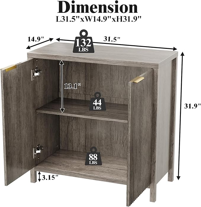 Sideboard Buffet Cabinet, 31" Storage Cabinet with 2 Doors and Adjustable Shelves, Sideboard Console for Dinning Room, Kitchen and Living Room - Grey