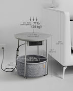 VASAGLE LILEA Collection - Side Table with Charging Station, Round End Table with Fabric Basket, Nightstand with USB Ports, for Living Room, Bedroom, Modern, Dove Gray and Slate Gray ULET228G01