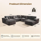 Cloud Sectional Couch with Chaise, Boneless U-Shaped Cloud Couch with Deep Seat, Soft Plush Modern Minimalist Sofa, Assembly Free Modular Floor Sofa for Office Living Room Apartment, Grey