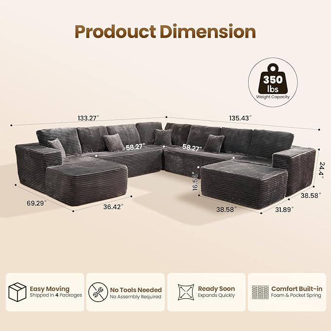 Cloud Sectional Couch with Chaise, Boneless U-Shaped Cloud Couch with Deep Seat, Soft Plush Modern Minimalist Sofa, Assembly Free Modular Floor Sofa for Office Living Room Apartment, Grey