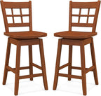 COSTWAY Swivel Bar Stools Set of 2, 24.5 Inch Counter Height Bar Chairs w/Hollow Backrest & Contoured Seat, Wooden Barstools w/Footrest for Kitchen Island, Pub, Bistro, Cafe (2, Walnut)