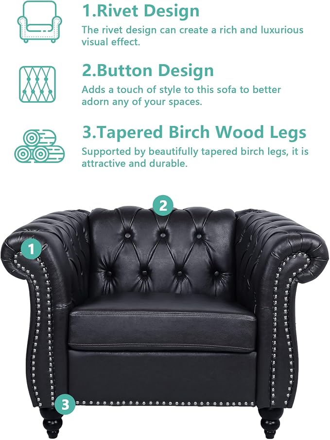 Accent Sofa Chair for Living Room, Modern PU Leather Upholstered Armchair, Oversized Comfy Single Sofa Chair with Cushion, Mid Century Tufted Chesterfield Sofa Couch for Bedroom, Apartment (Black)