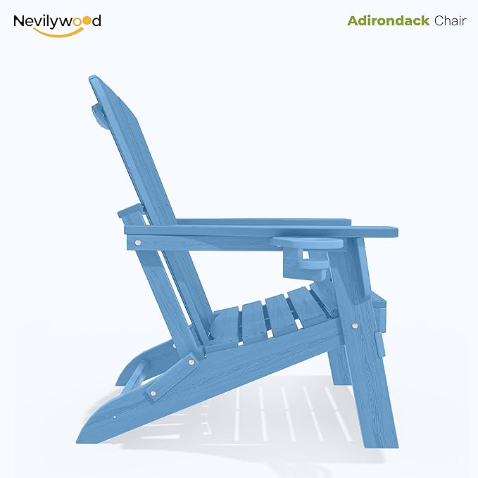 nevilywood Folding Adirondack Chair with Cup Holder Set of 4, HDPE Patio Chairs,All-Weather Outdoor Chairs for Backyard, Deck,Fire Pit-LightBlue