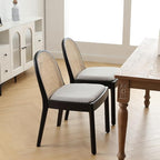 Rattan Dining Chairs Set of 6, Modern Dining Room Chairs with Cane Back Comfy Accent Kitchen Chair Upholstered Linen Fabric Chair for Restaurant/Living Room, Grey