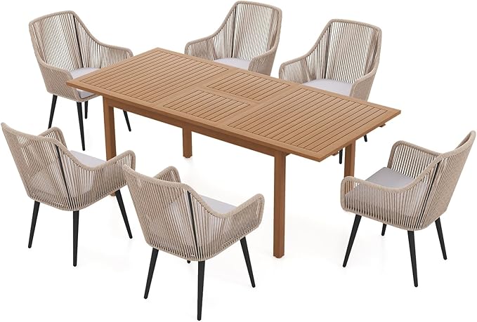 JOIVI Outdoor Dining Set for 6, 7 Pieces Patio Dining Table and Chairs Set, Rattan Rope Patio Outdoor Furniture Set with Extendable Dining Table for Deck, Backyard, Garden, Dining Room, Tan